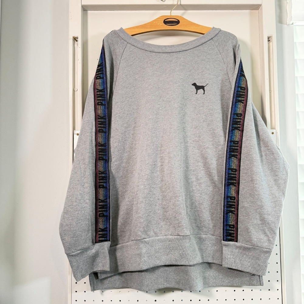 Victoria's Secret Pink Sweatshirt Women's Gray Graphic Rainbow Sleeves Large Y2K